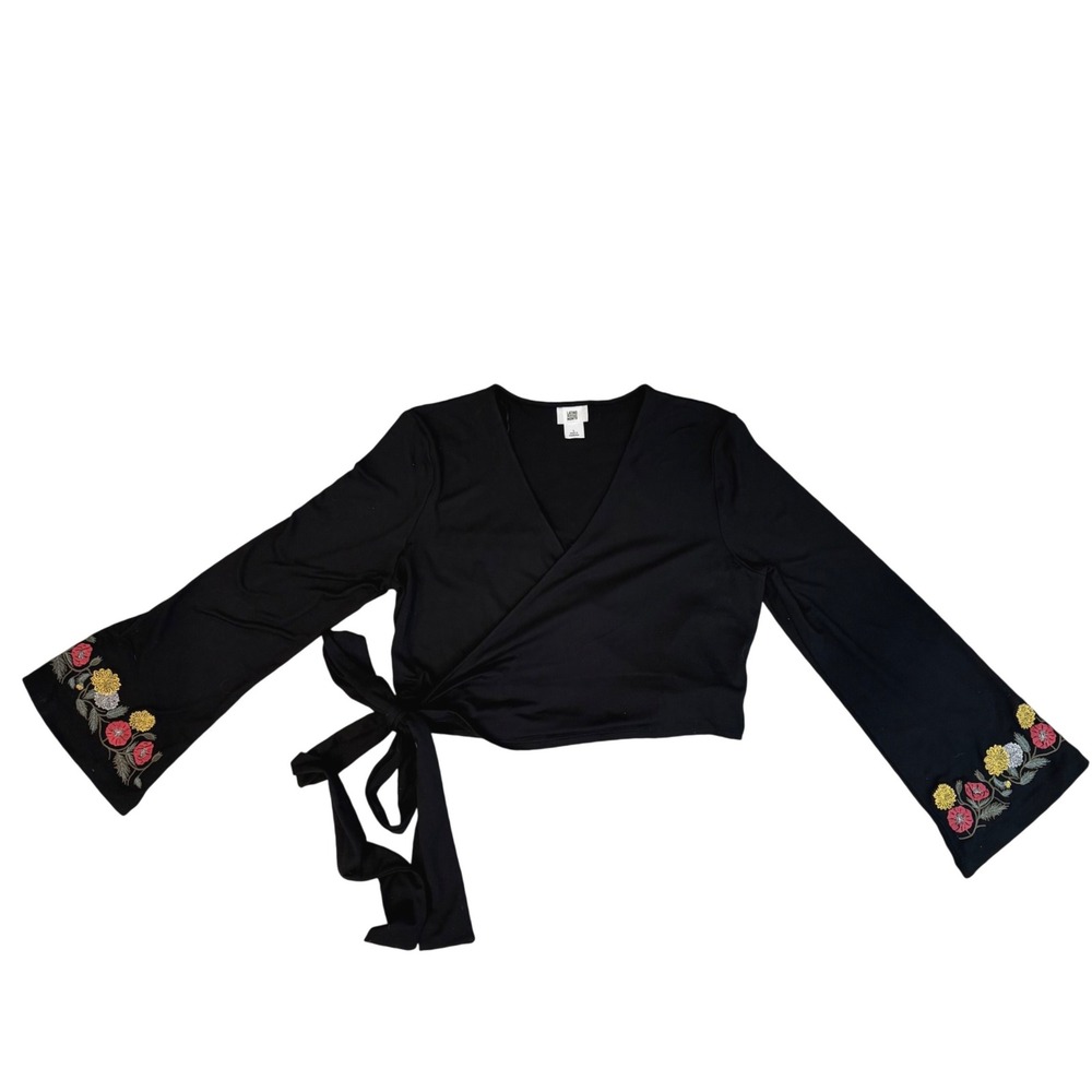 Latino Heritage Month Black Floral Embroidered Wrap Crop Top Bell Sleeve L